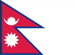 [ai] The flag of Nepal features two overlapping triangular shapes. The upper triangle displays a white crescent moon, and the lower triangle shows a white sun with 12 rays, both on a red background, bordered by blue.